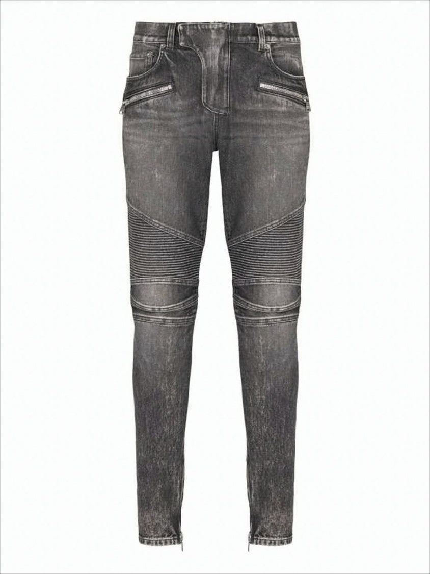 Balmain Slim Fit Distressed Denim Pants With Ribbed Detailing