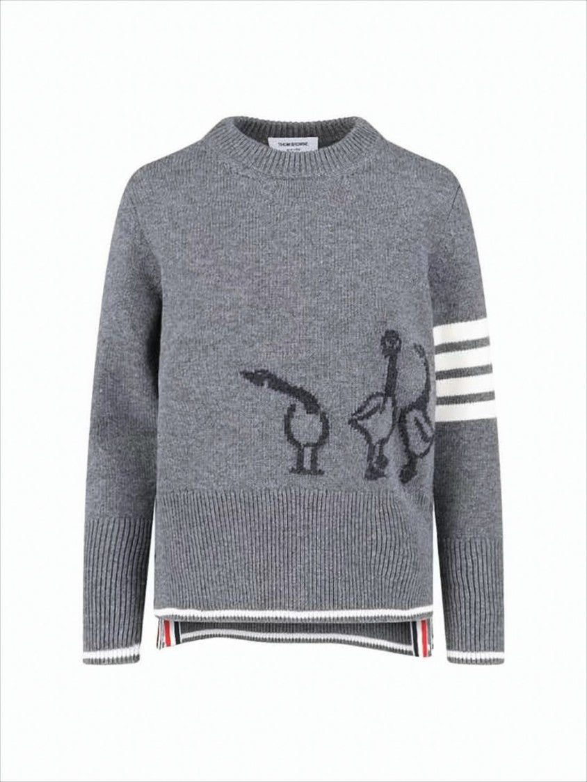 Thom Browne Ribbed Grey Wool Sweater With Iconic Stripe Accents