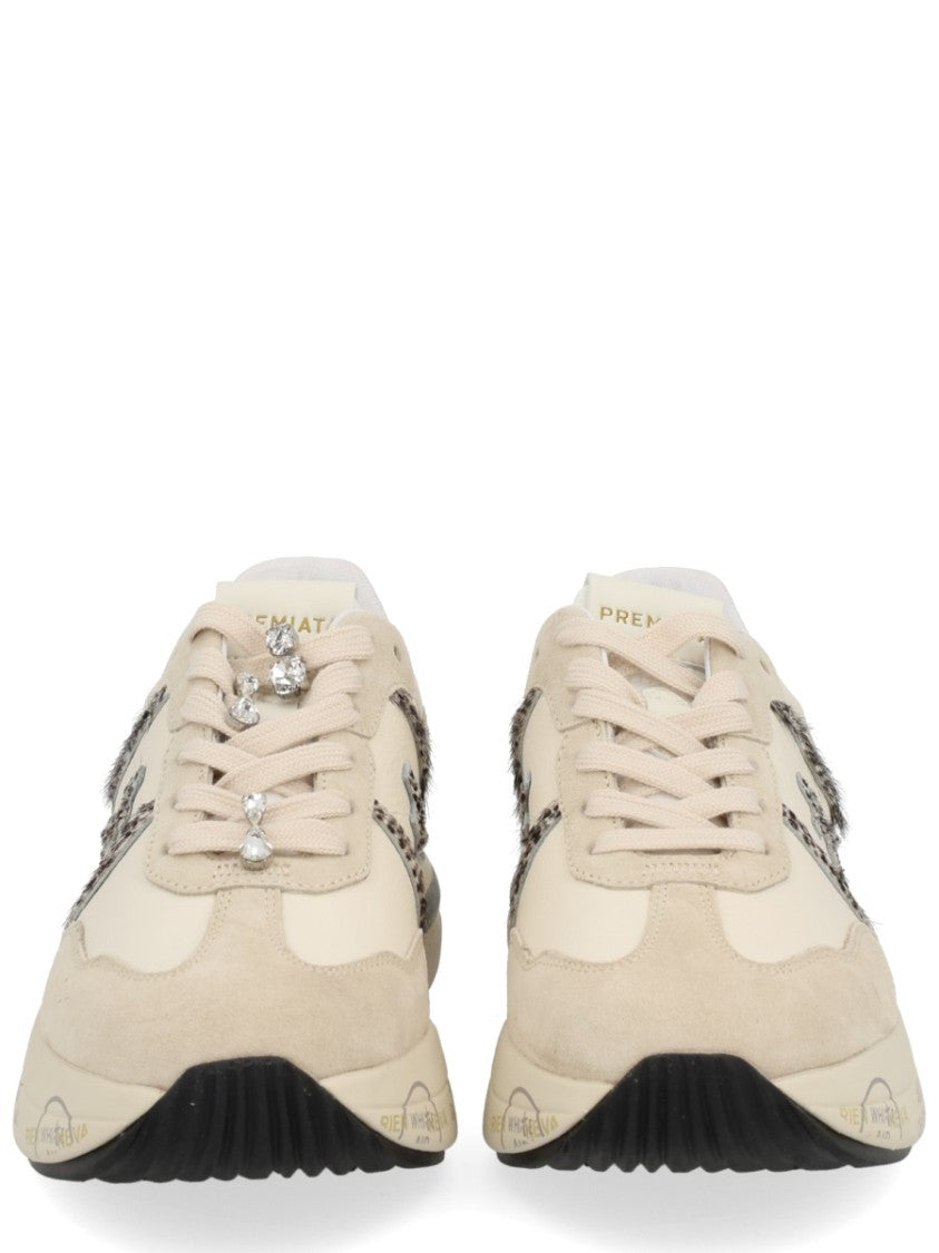 Premiata White Sneakers With Calf Leather And Rhinestone Laces