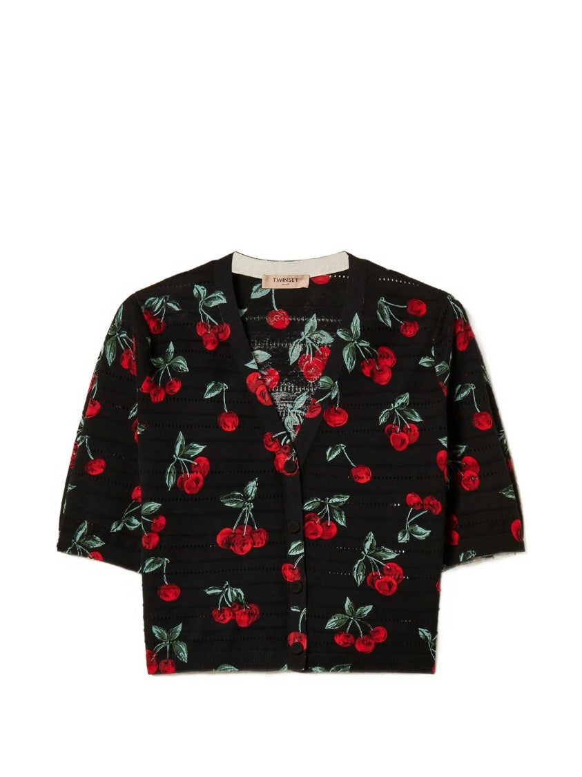Twin-Set Black Top Cropped Cherry Print Top