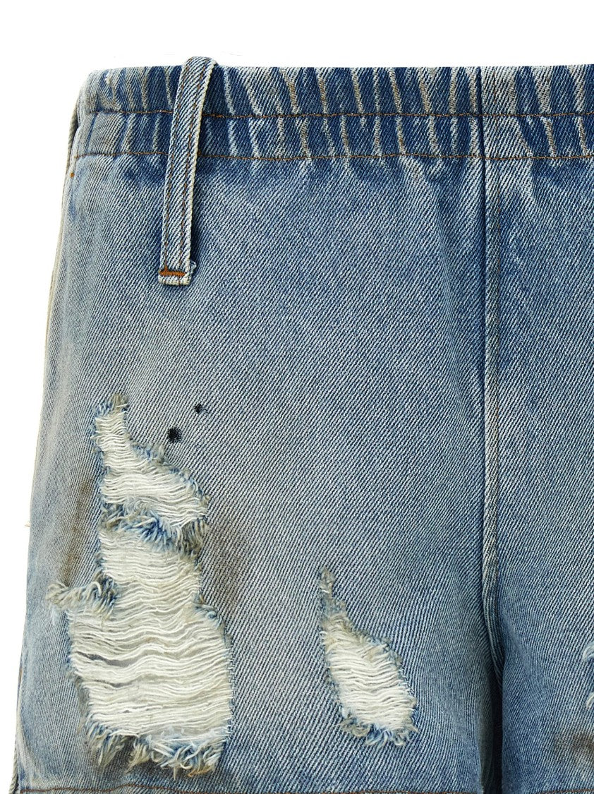 Mm6 By Maison Margiela Used-Effect Cotton Denim Shorts With Elastic Waistband