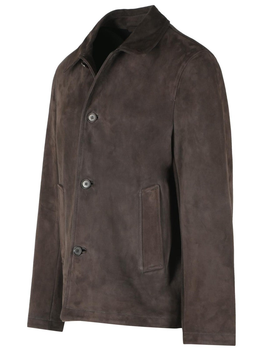 Salvatore Santoro Dark Brown Suede Jacket With Classic Shirt Collar And Button Closure