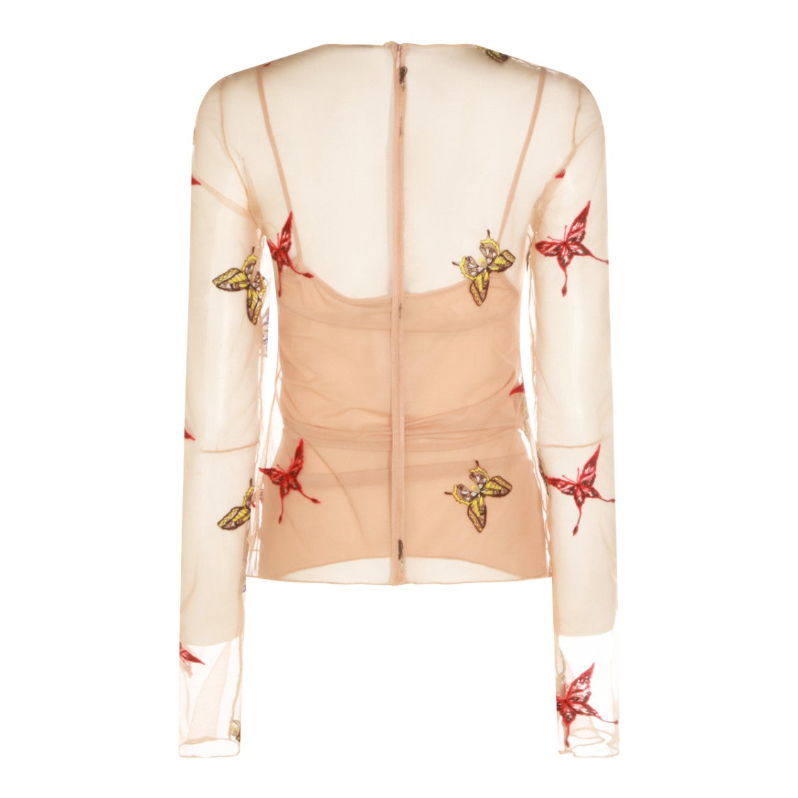 Blumarine Sheer Beige Long-Sleeved Top With Embroidered Butterflies
