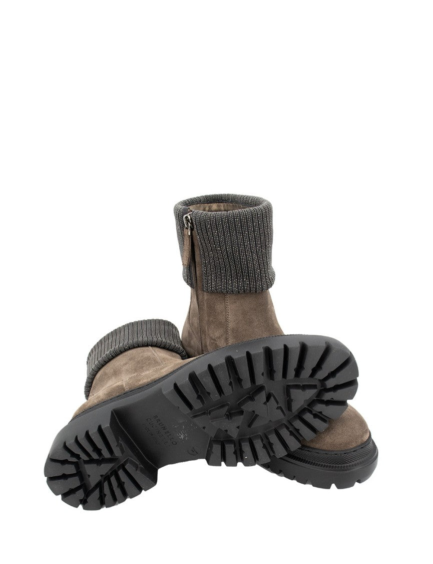 Brunello Cucinelli Ankle Boots With Ribbed Knit Cuff And Shimmering Embroidery