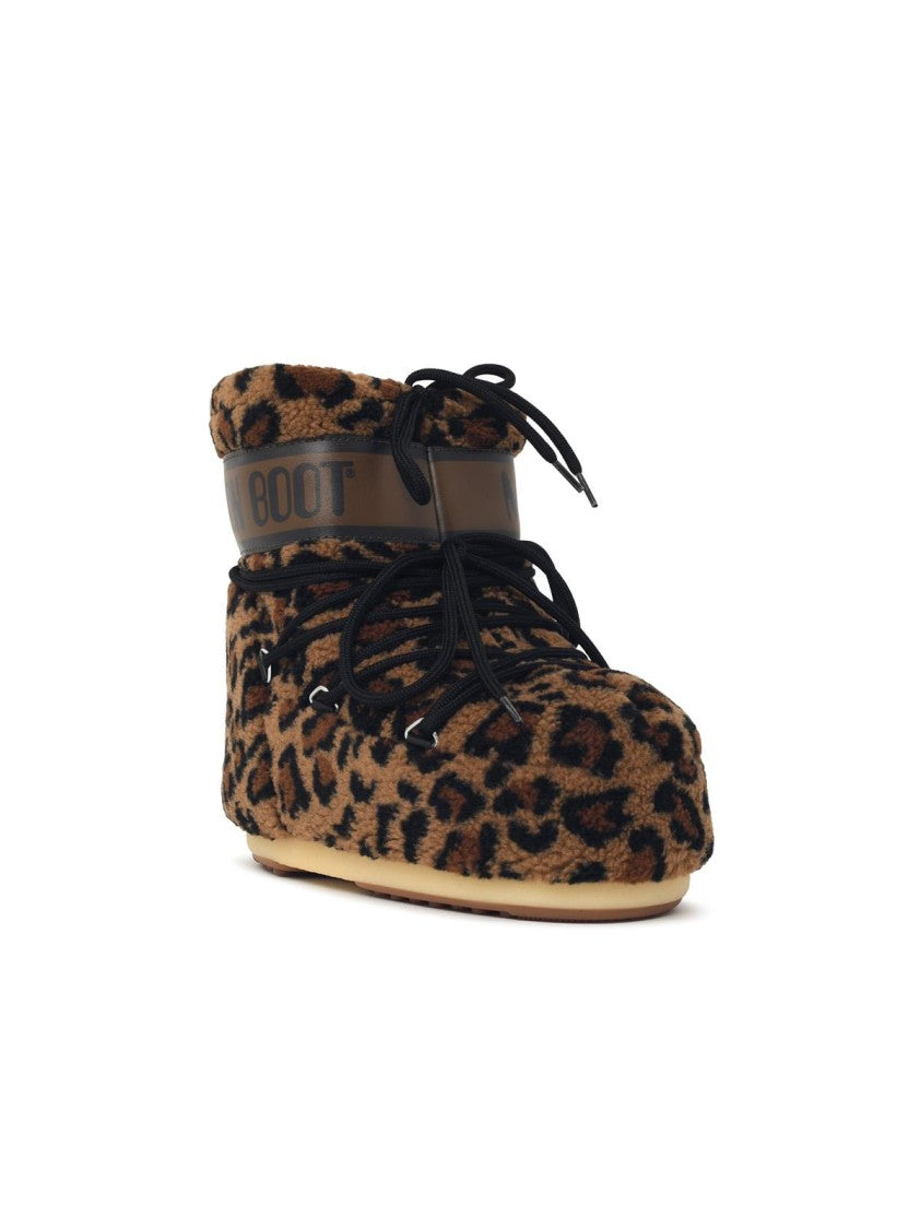 Moon Boot Leopard Print Low-Cut Teddy Boots With Logo Ankle Band