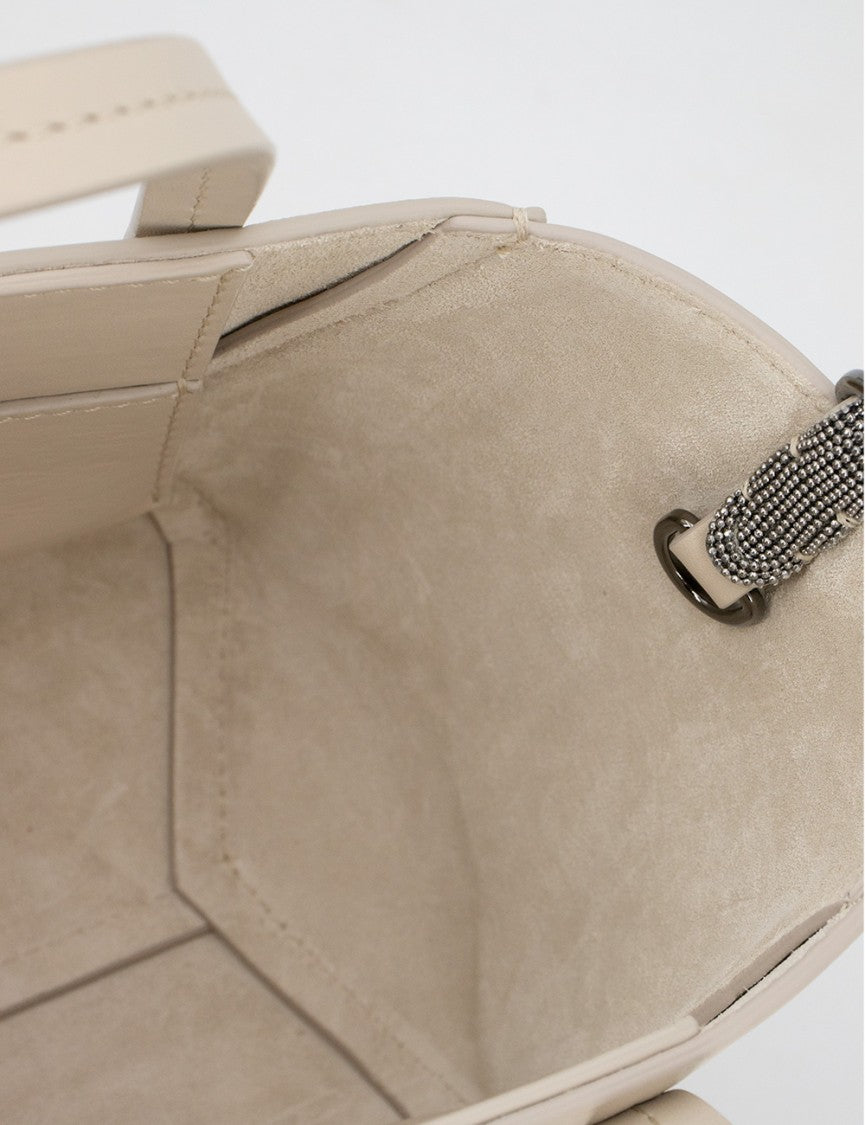 Brunello Cucinelli Ivory Leather Shoulder Bag With Jewel Embroideries