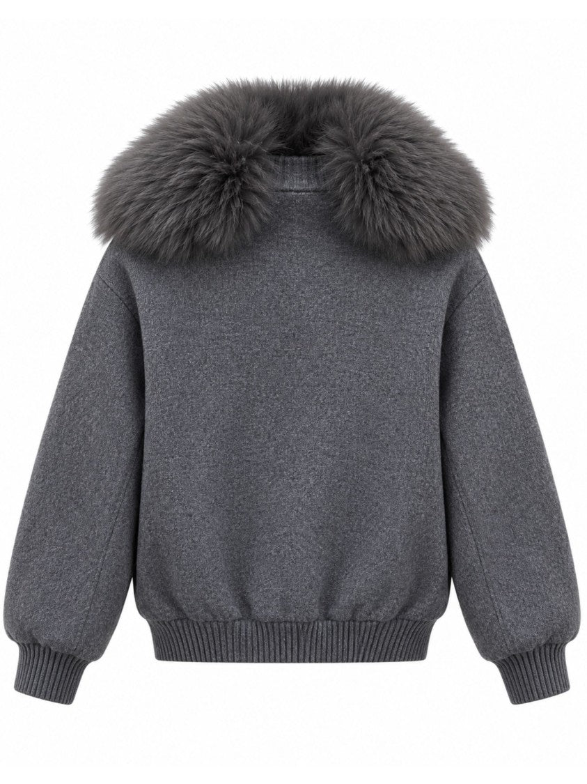 Yves Salomon Wool Bomber Jacket With Fox Fur Collar And Ribbed Details