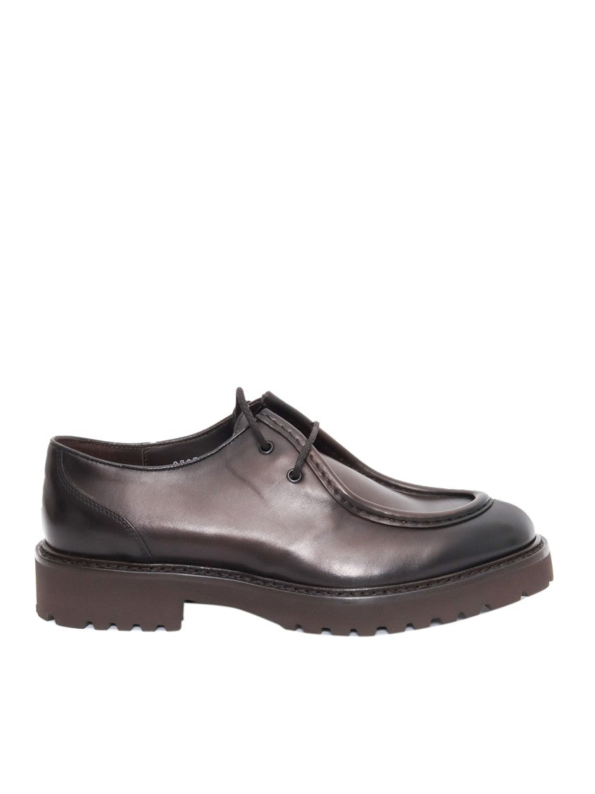 Doucal's Dark Brown Calfskin Derby Shoes With Decorative Seams