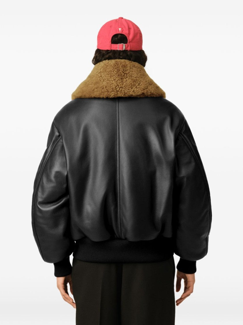 Ami Paris Voluminous Black Leather Jacket With Plush Shearling Collar