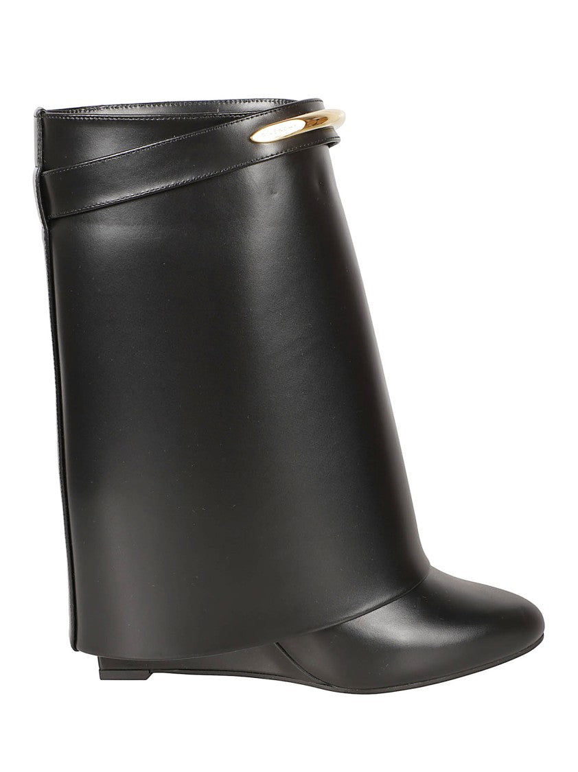 Givenchy Pointed Toe Black Calf Leather Boots With Flared Wedge Heel