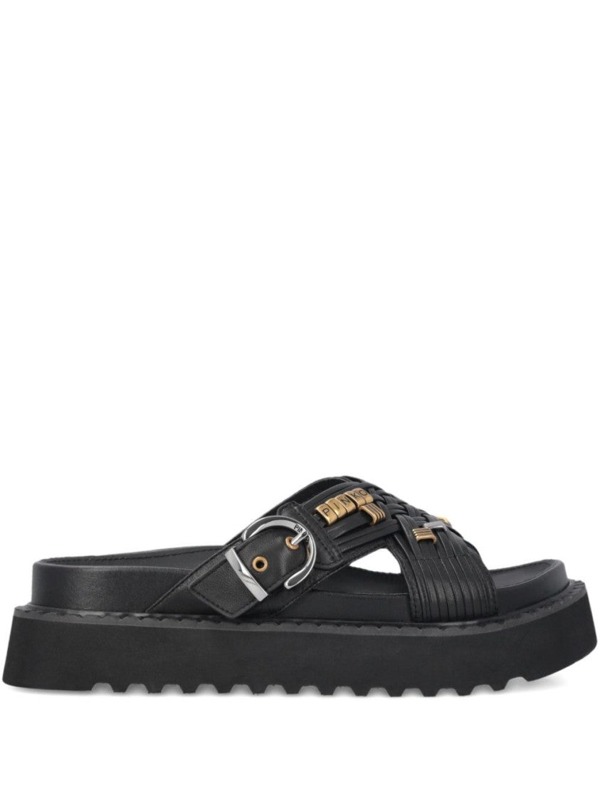 Pinko Woven Black Sandals With Gold-Tone Accents