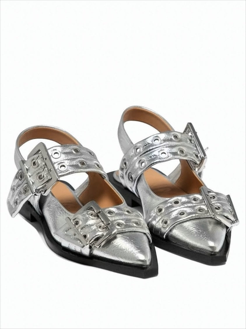 Ganni Pointed Toe Flats With Buckle Detail And Metallic Finish