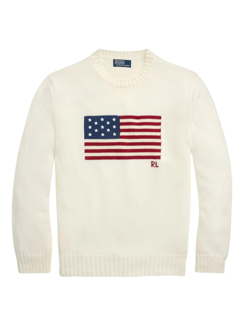 Polo Ralph Lauren Off-White Pullover Flag Motif Cotton Pullover