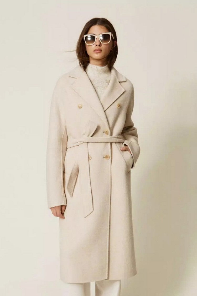 Twin-Set Ivory Double-Breasted Belted Wool-Blend Coat