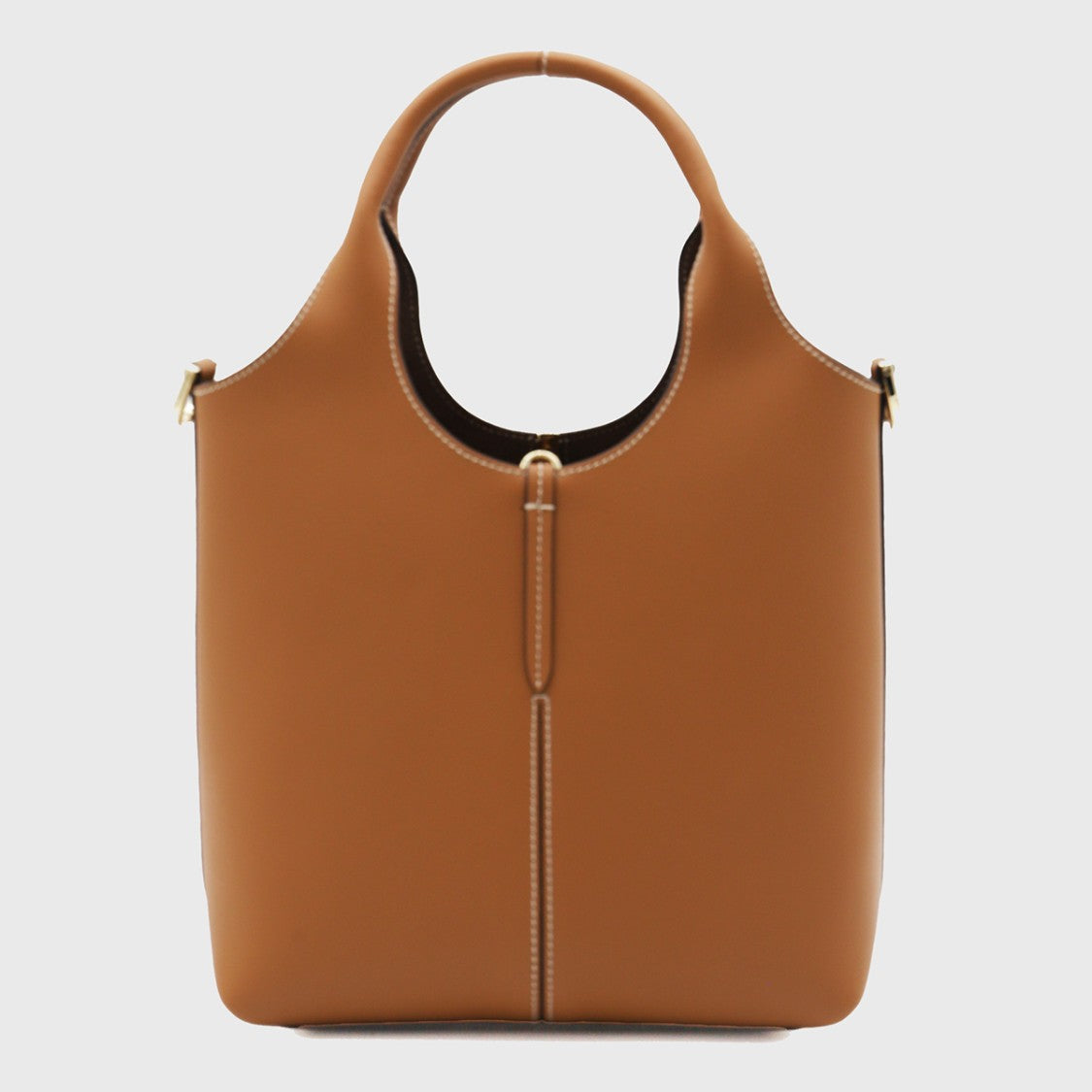 Tod's Structured Tan Leather Handbag With Gold Accent Detail
