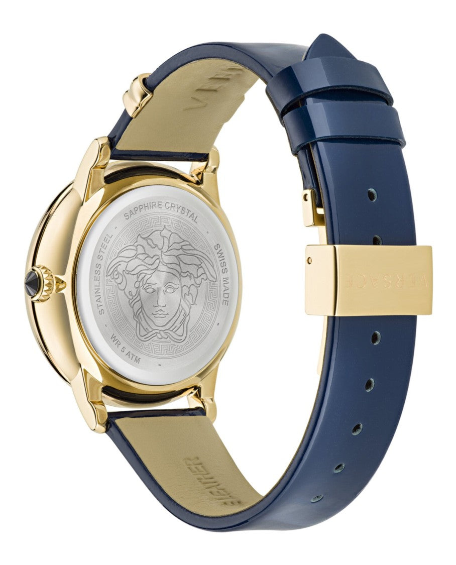 Versace Medusa Alchemy Timepiece With Yellow Gold Case And Blue Dial