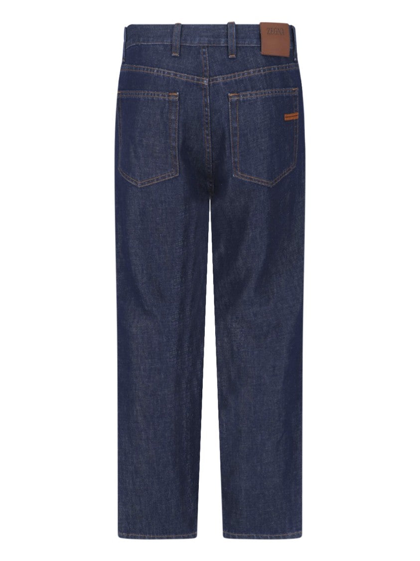 Zegna Blue Mid-Rise Cotton-Linen Straight Leg Jeans