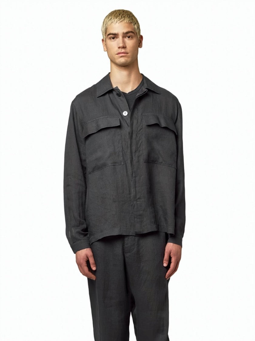 Alpha Studio Hidden Closure Classic Collar Linen Shirt Jacket