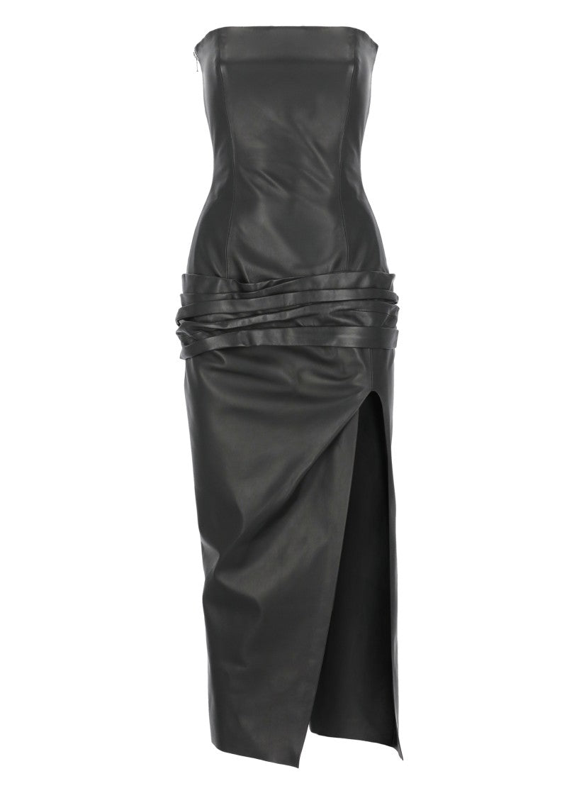 The Attico Draped Black Leather Dress