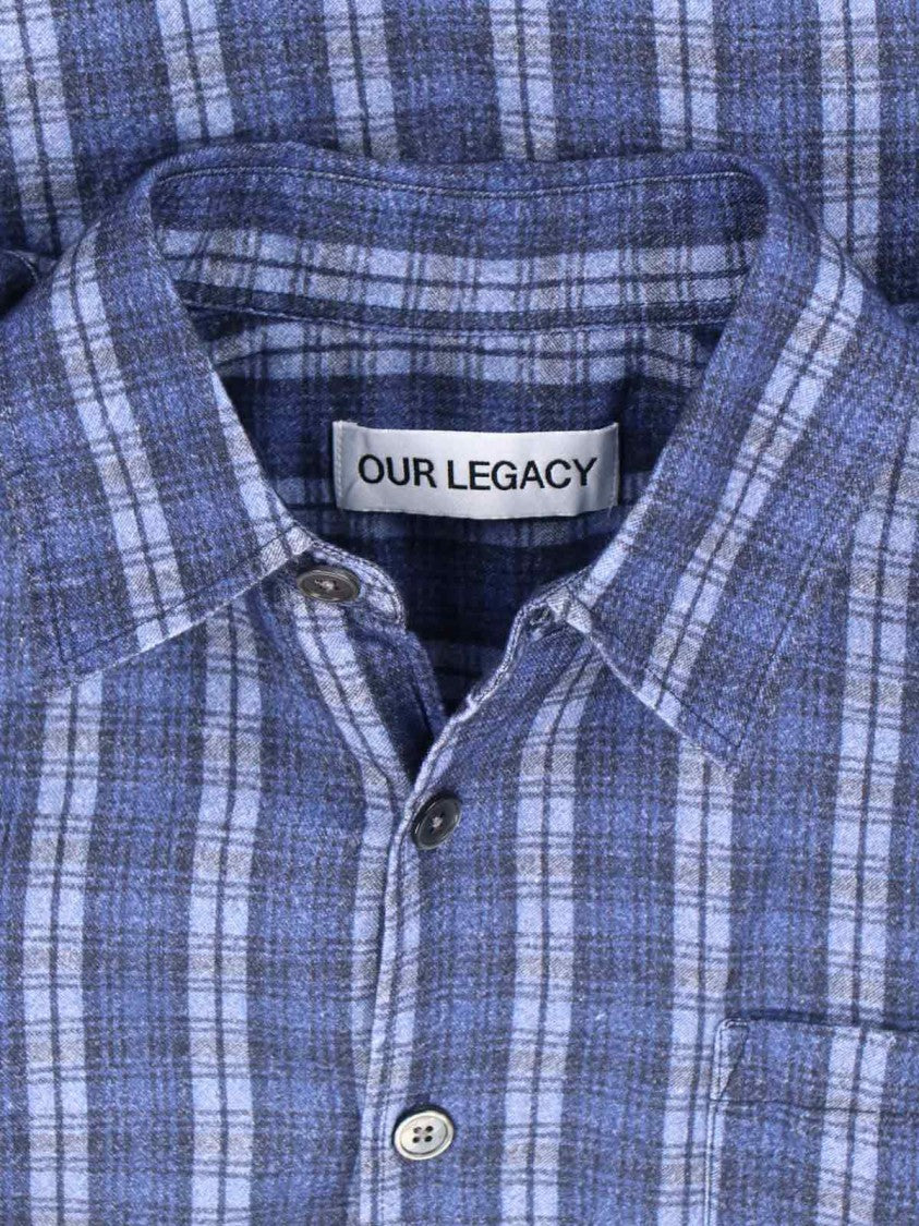 Our Legacy Checkered Blue Cotton Shirt With Classic Collar And Curved Hem