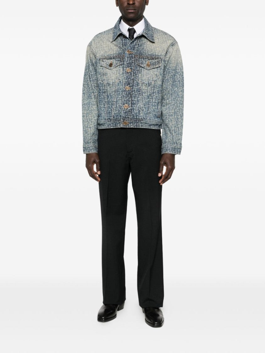 Balmain Faded Blue Monogram Denim Zip Jacket