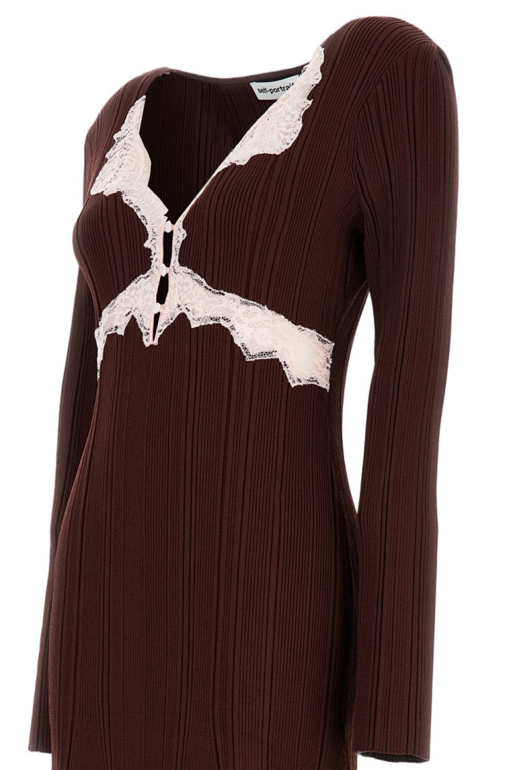 Self-Portrait Knitted Ribbed Lace A-Line Mini Dress