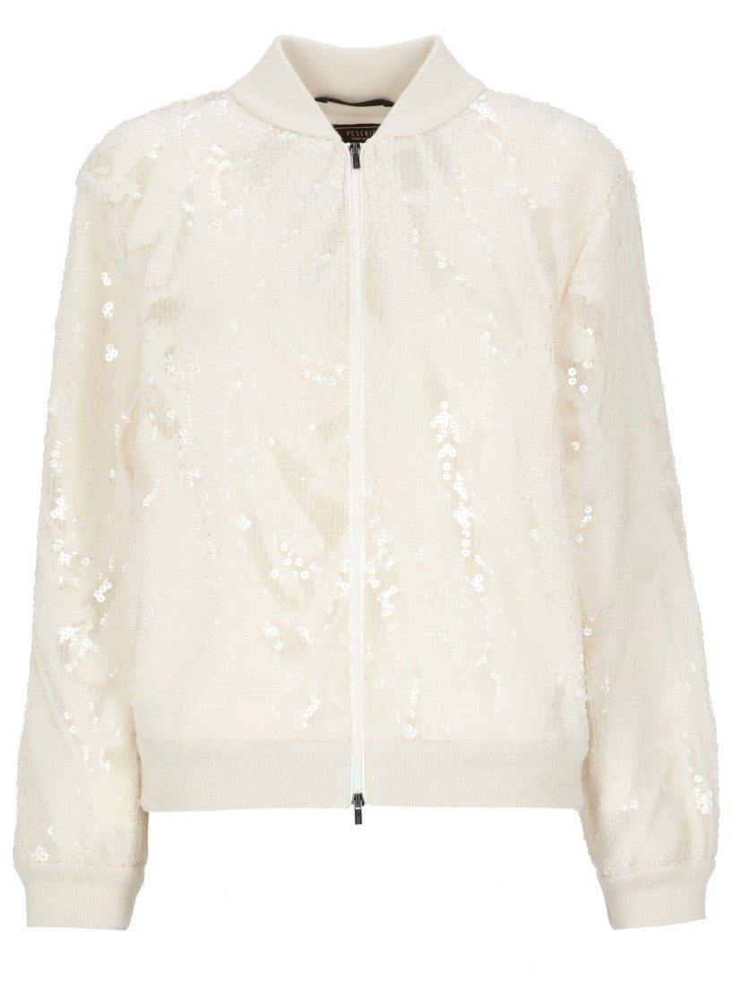 Peserico Aurea Ivory Sequined Ribbed Trim Zip Jacket