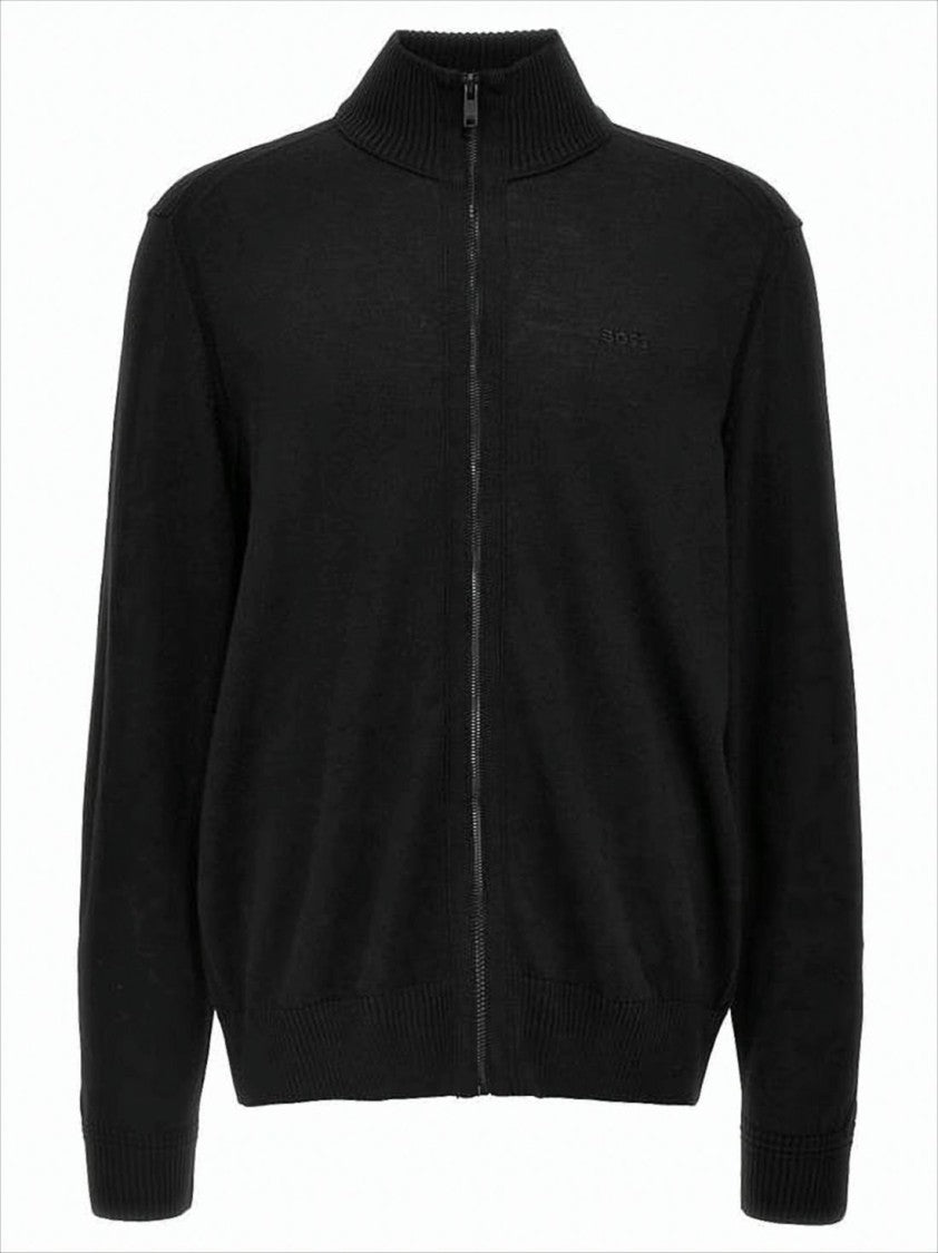 Hugo Boss Full-Zip Black Wool Cardigan With Ribbed Collar