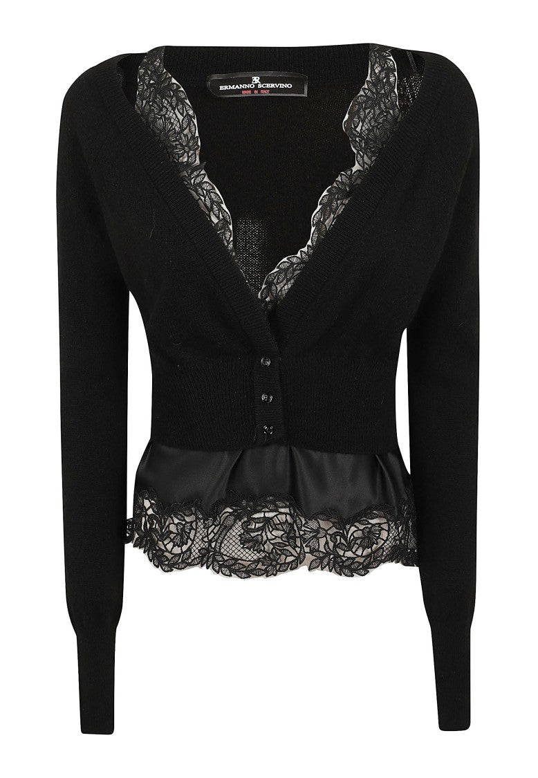 Ermanno Scervino Layered Black Cashmere Cardigan With Floral Lace Trim