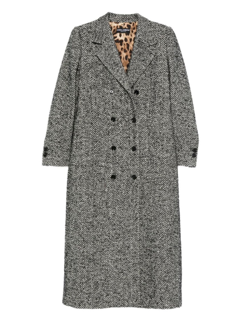 Dolce & Gabbana Double-Breasted Herringbone Coat With Leopard Print Lining