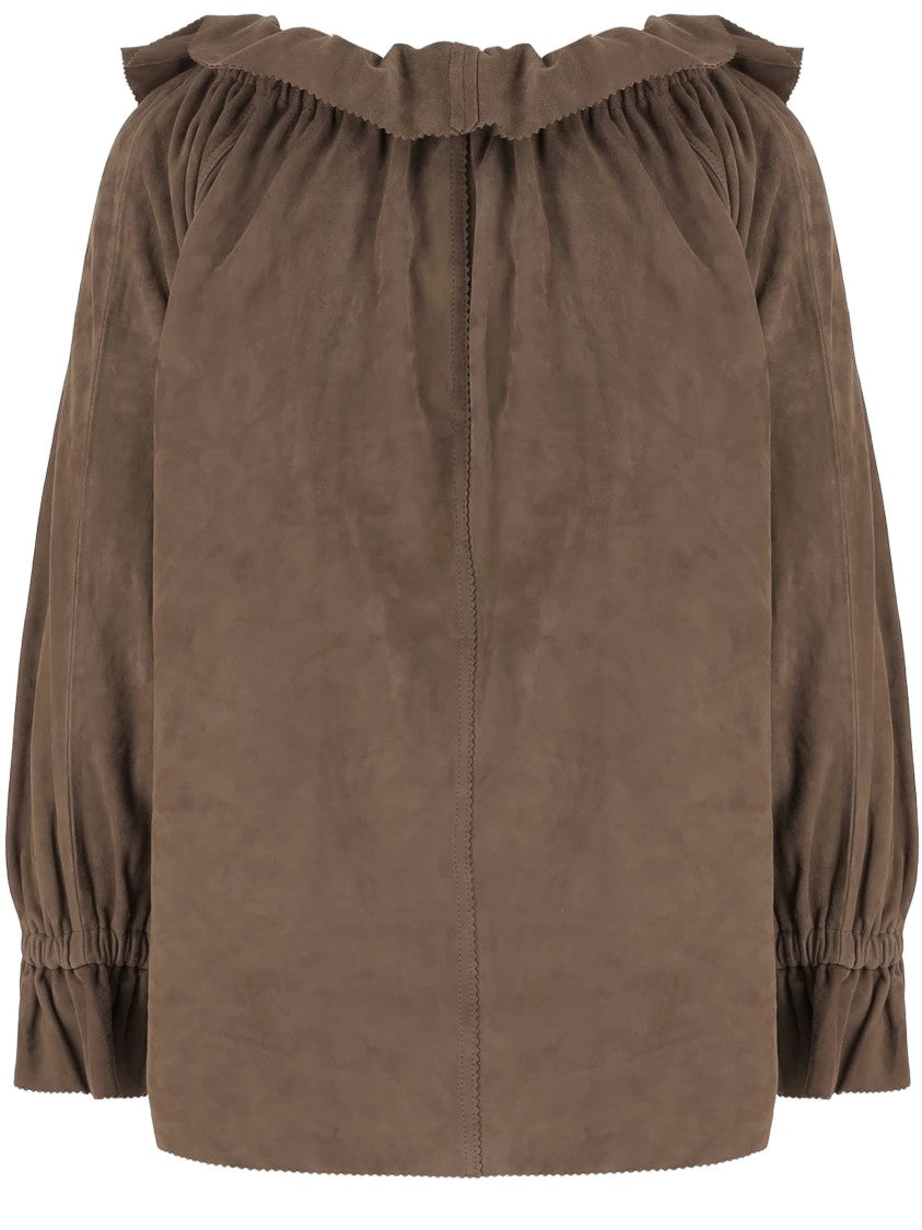 By Malene Birger Ruffled V-Neck Suede Blouse With Drawstring Closure