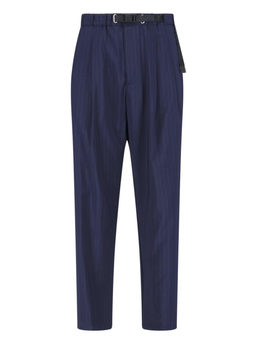White Sand Blue Pinstripe Straight-Leg Wool Trousers
