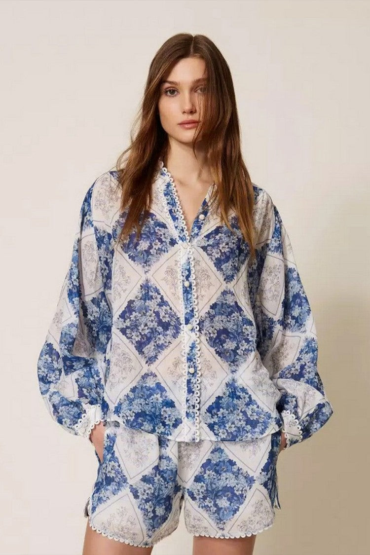 Twin-Set Blue Ramie Diamond-Patchwork Floral-Print Blouse