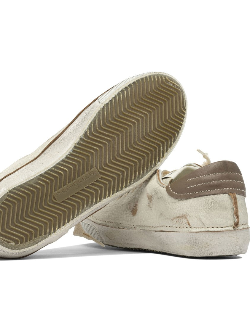 Philippe Model Paris Distressed Off-White Leather Sneakers With Brown Accents