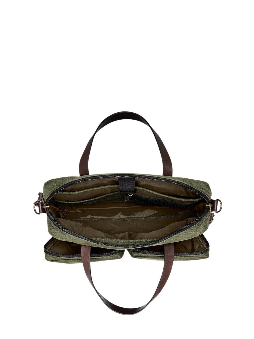 Filson Olive Green Fabric Briefcase With Leather Accents And Dual Handles