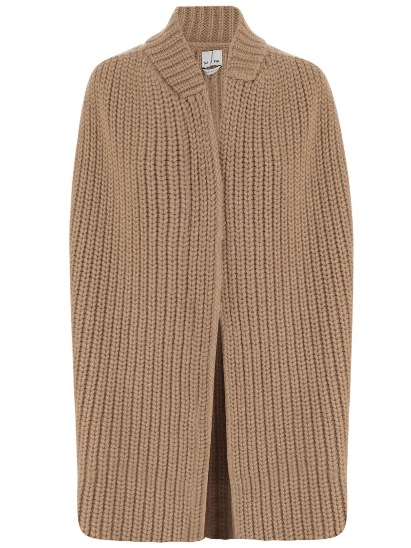 Sa Su Phi Beige Ribbed Cashmere Soft Collar Open Front Jacket
