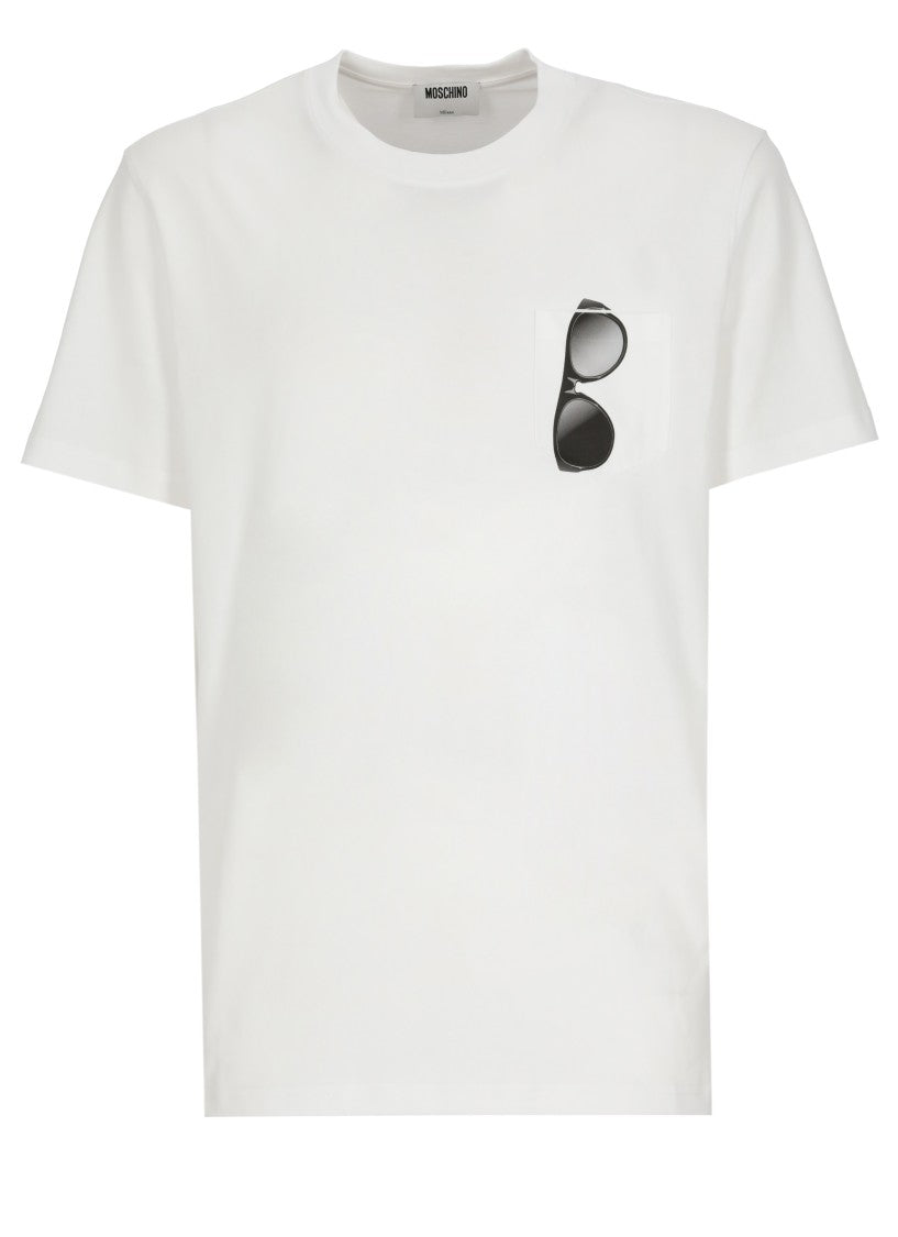 Moschino White Sunglasses Print Chest Pocket Cotton T-Shirt