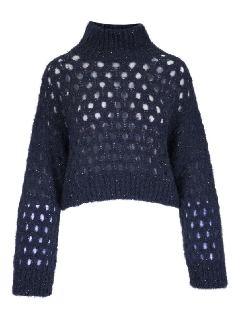 Brunello Cucinelli Cropped Open-Knit Sweater With High Neckline