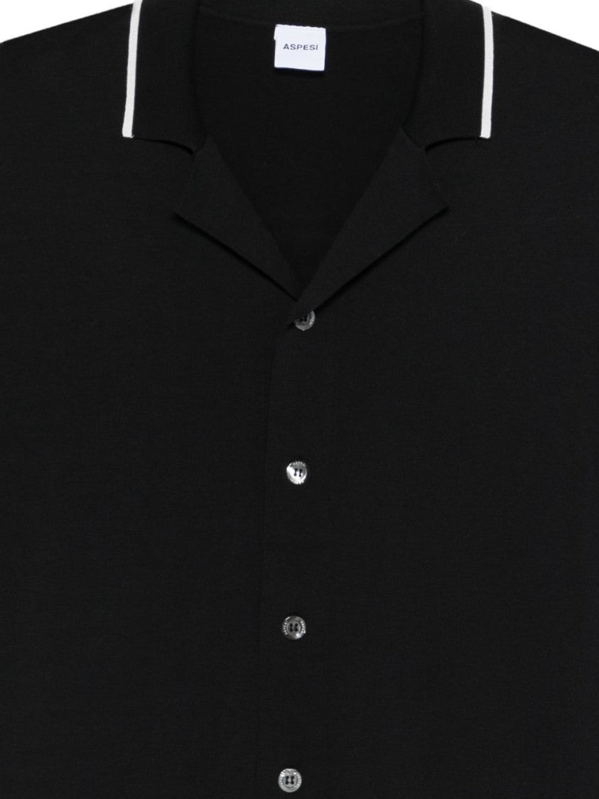 Aspesi Boxy Short-Sleeve Black Shirt With Classic Collar And Subtle Piping