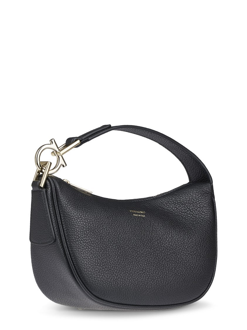 Ferragamo Rounded Black Leather Bag With Gold-Tone Accents