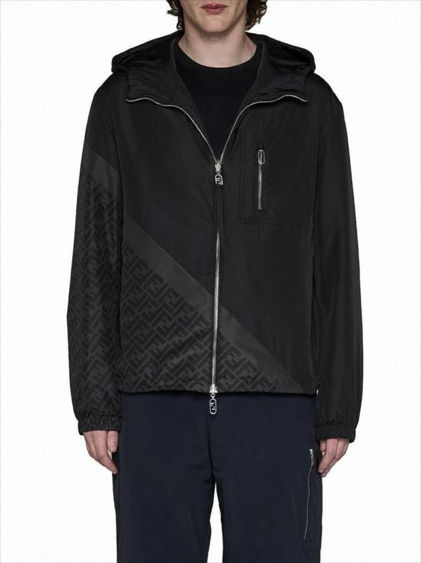 Fendi Hooded Black Jacket With Tonal Pattern