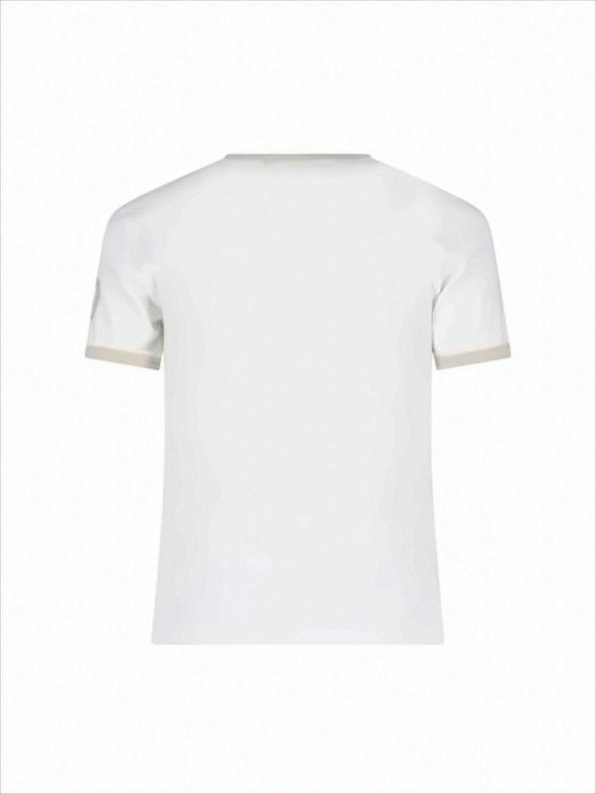 Courrèges Cropped White T-Shirt With Beige Logo And Trim