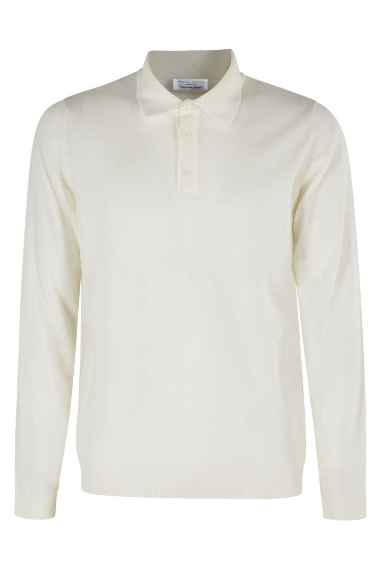 Roberto Collina White Button-Down Ribbed Merino Wool Polo Shirt