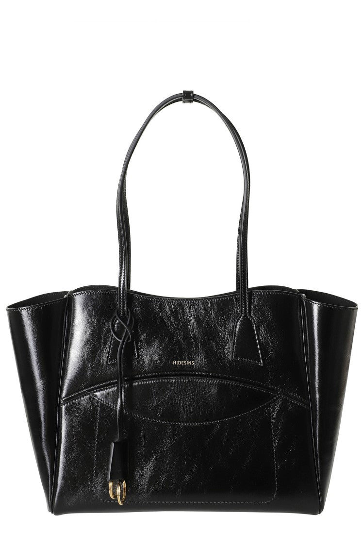 Hidesins Black Two-Tone Shopper Gold Logo Leather Tote Bag