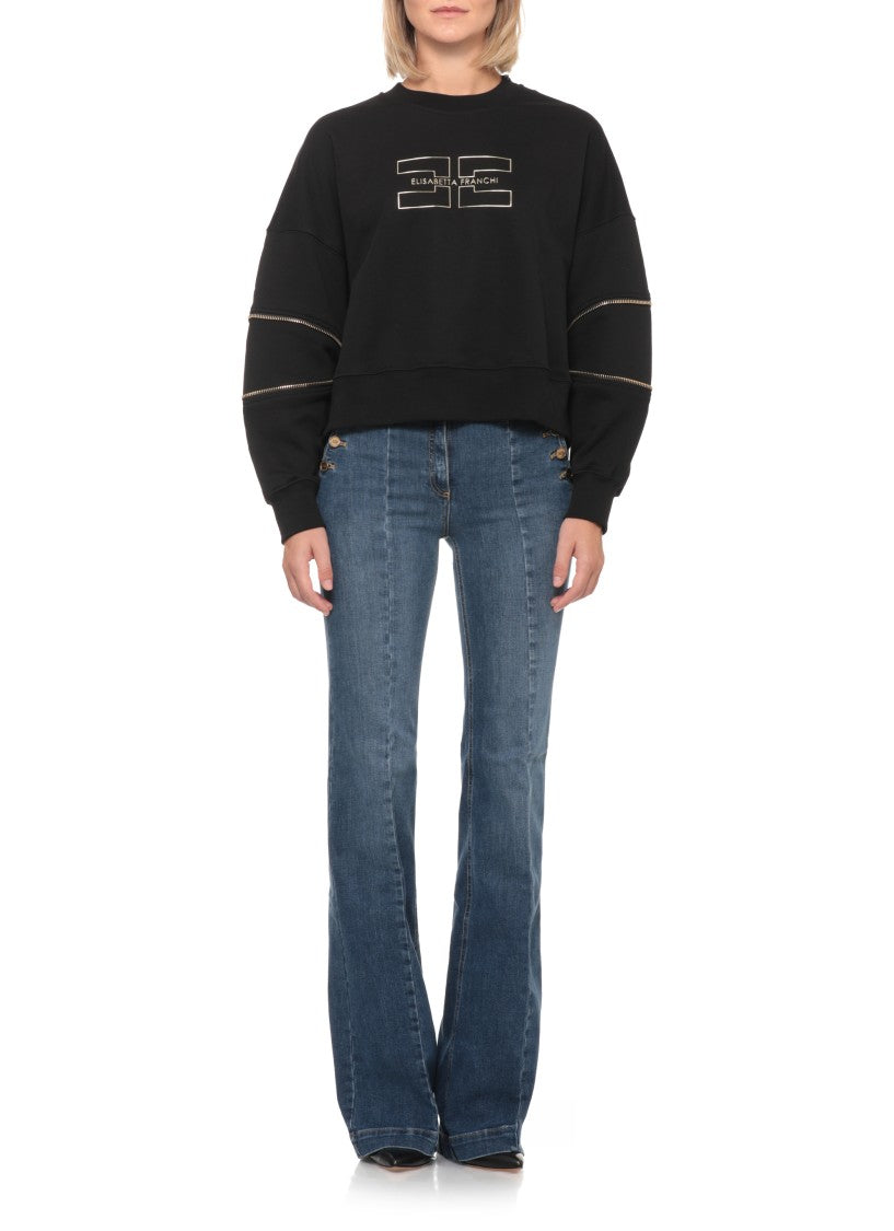 Elisabetta Franchi Black Cropped Embossed Gold Logo Cotton Sweatshirt