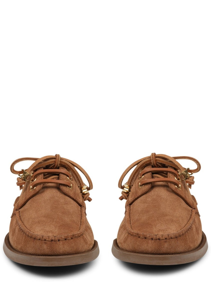 Celine Brown Calf Leather Moccasin Shoes With Decorative Lace