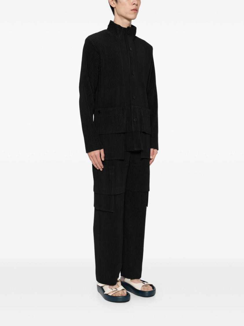 Homme Plissé Issey Miyake Textured Black Shirt With Stand Collar