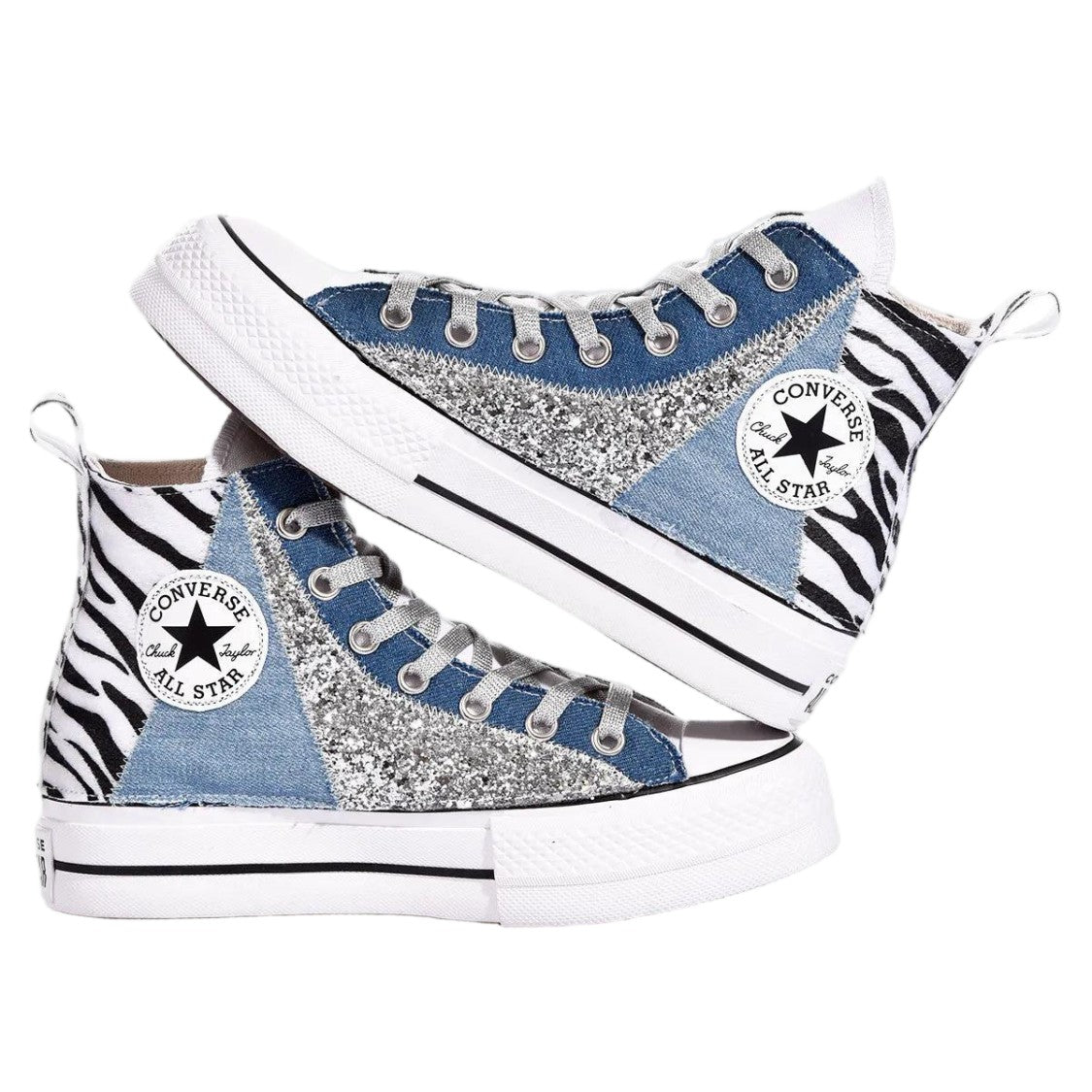 Converse Blue Handmade Zebra Lace Glitter Sneakers