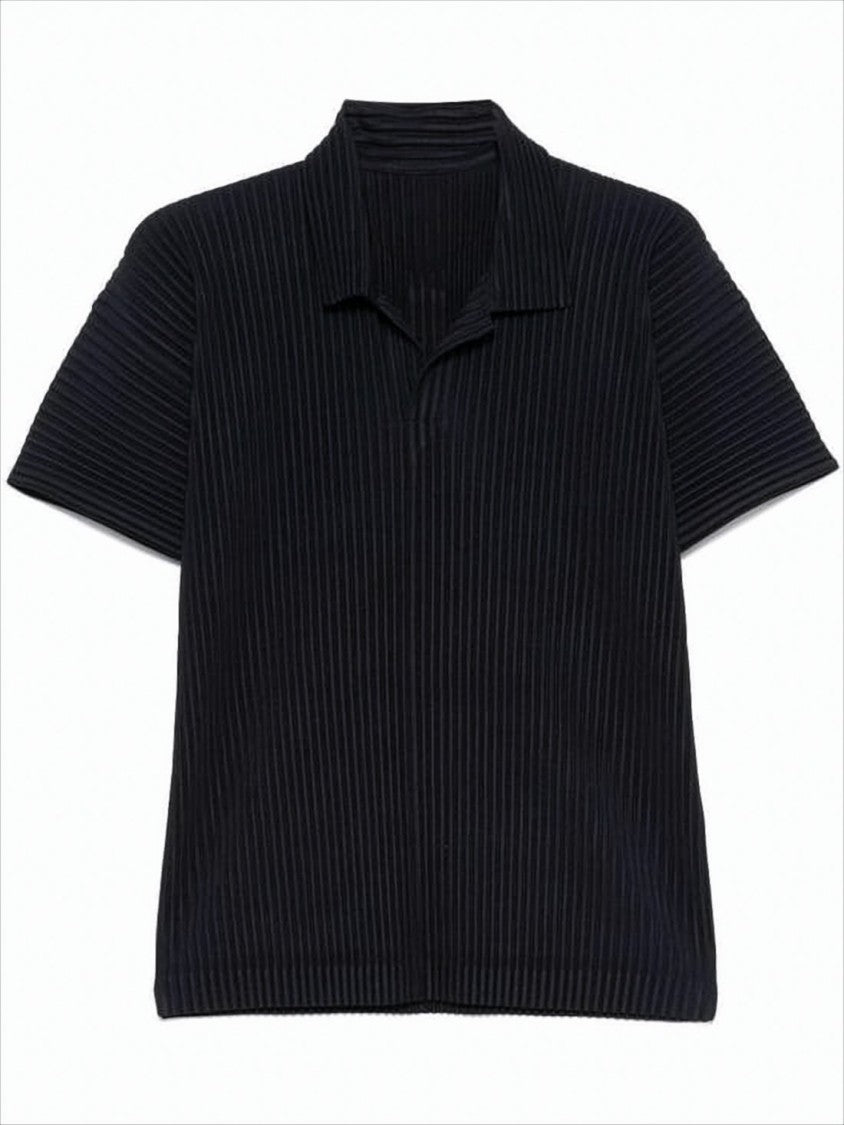 Homme Plissé Issey Miyake Textured Pleated Black Polo Shirt With Classic Collar
