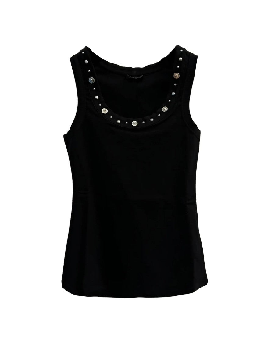 Versace Black Ribbed Studded Decorative Button Top